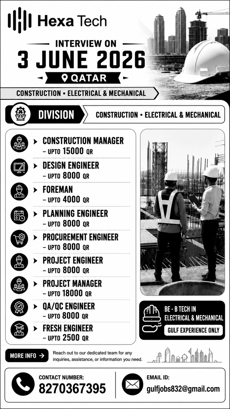 Qatar Construction, Electrical & Mechanical Jobs 2026 – Direct Interview on 3 June 2026