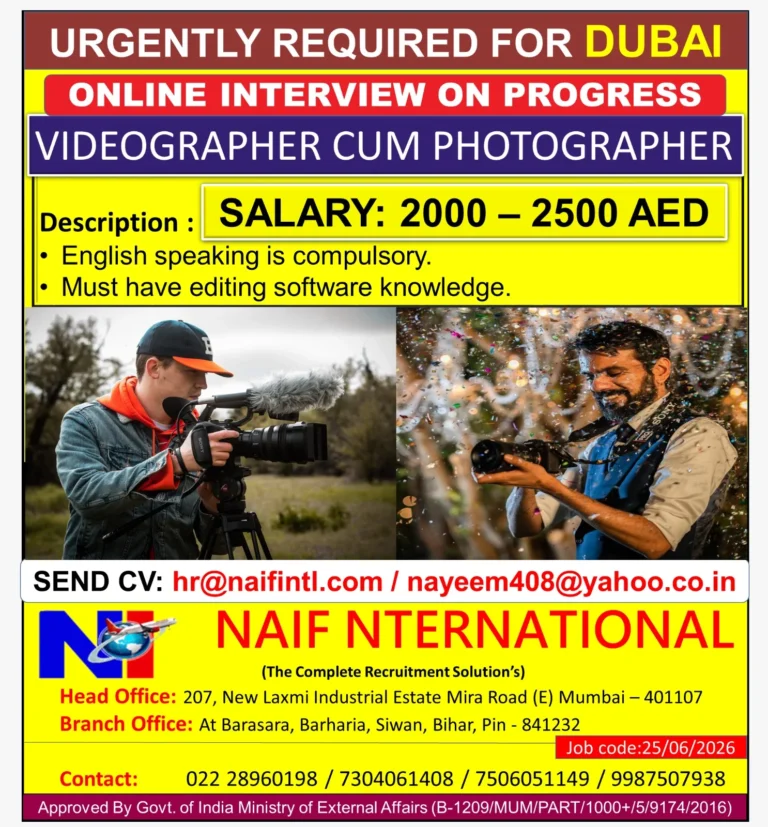 Videographer Cum Photographer Jobs in Dubai 2026 – Online Interview | Salary 2000–2500 AED