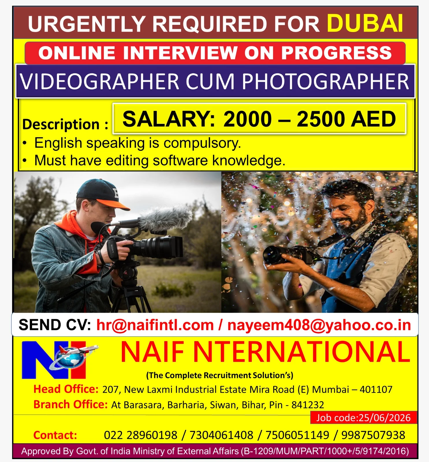 Videographer Cum Photographer Jobs in Dubai 2026 – Online Interview | Salary 2000–2500 AED