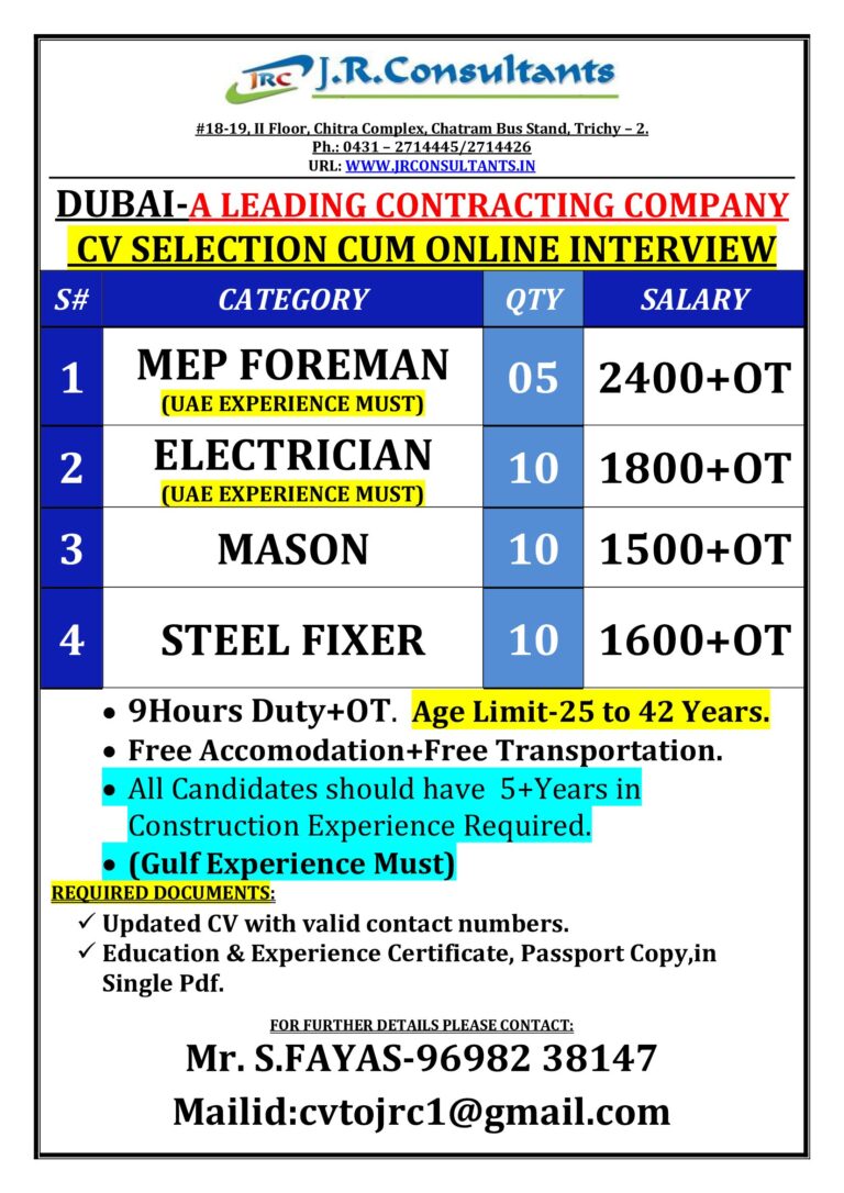 Dubai Leading Contracting Company Jobs 2026 – CV Selection & Online Interview | MEP Foreman, Electrician, Mason & Steel Fixer