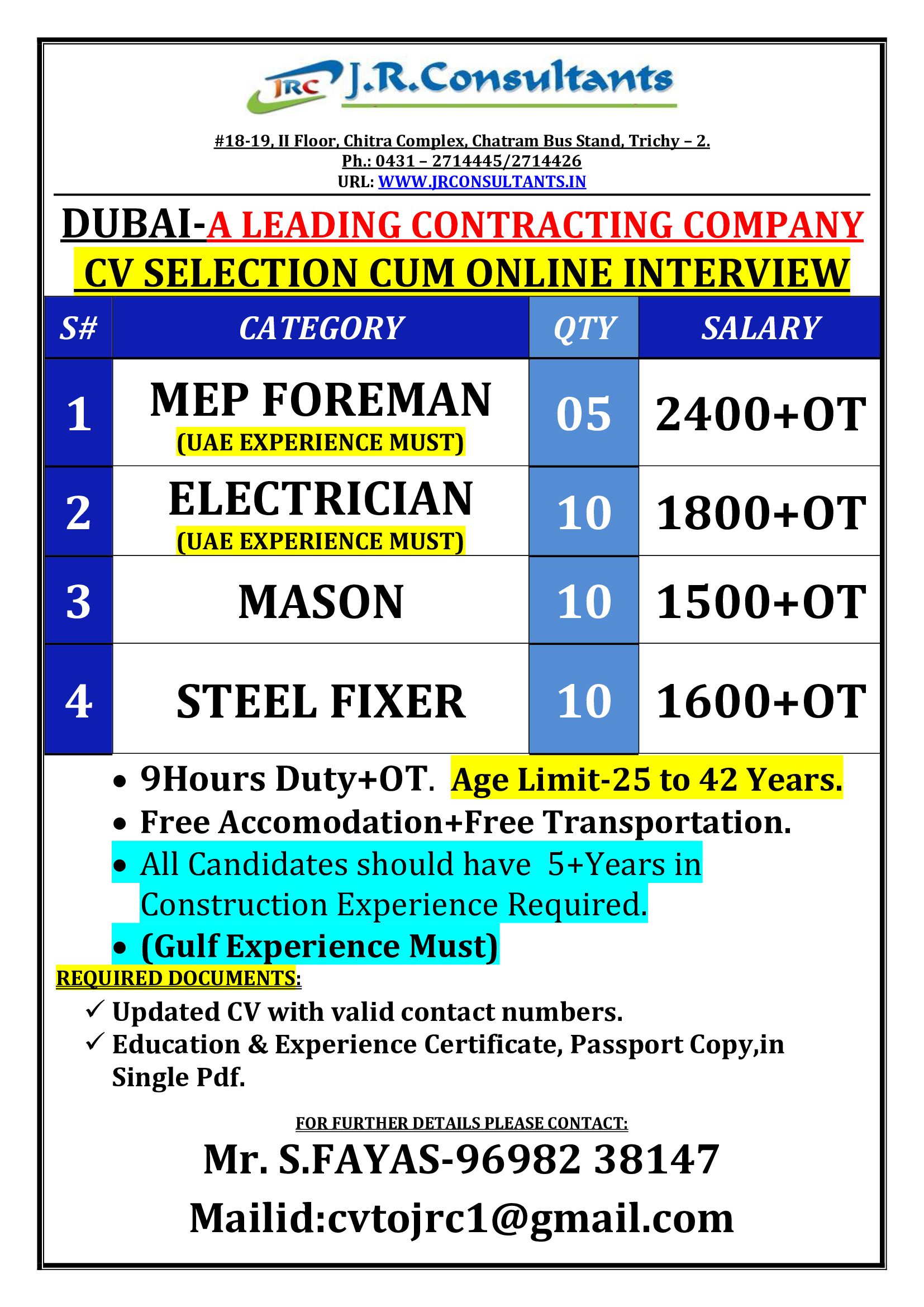 Dubai Leading Contracting Company Jobs 2026 – CV Selection & Online Interview | MEP Foreman, Electrician, Mason & Steel Fixer