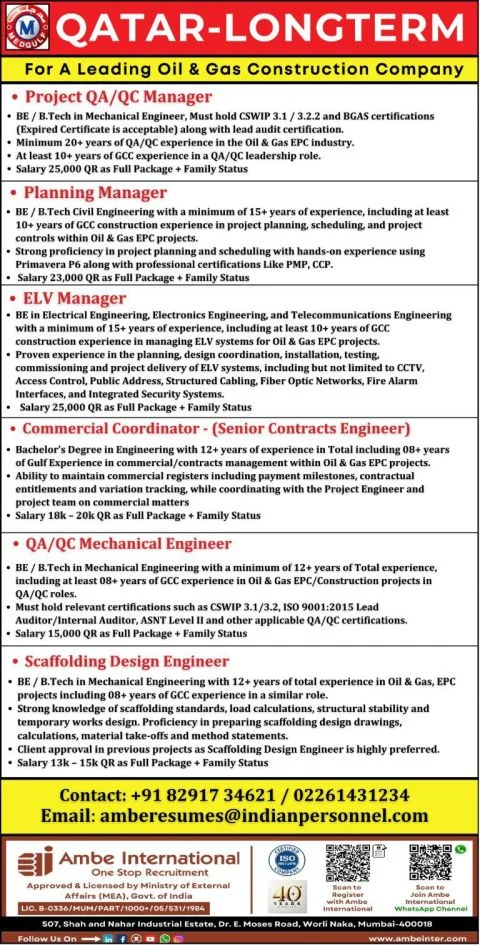 Qatar Oil and Gas Jobs 2026 | Long-Term EPC Construction Company Recruitment