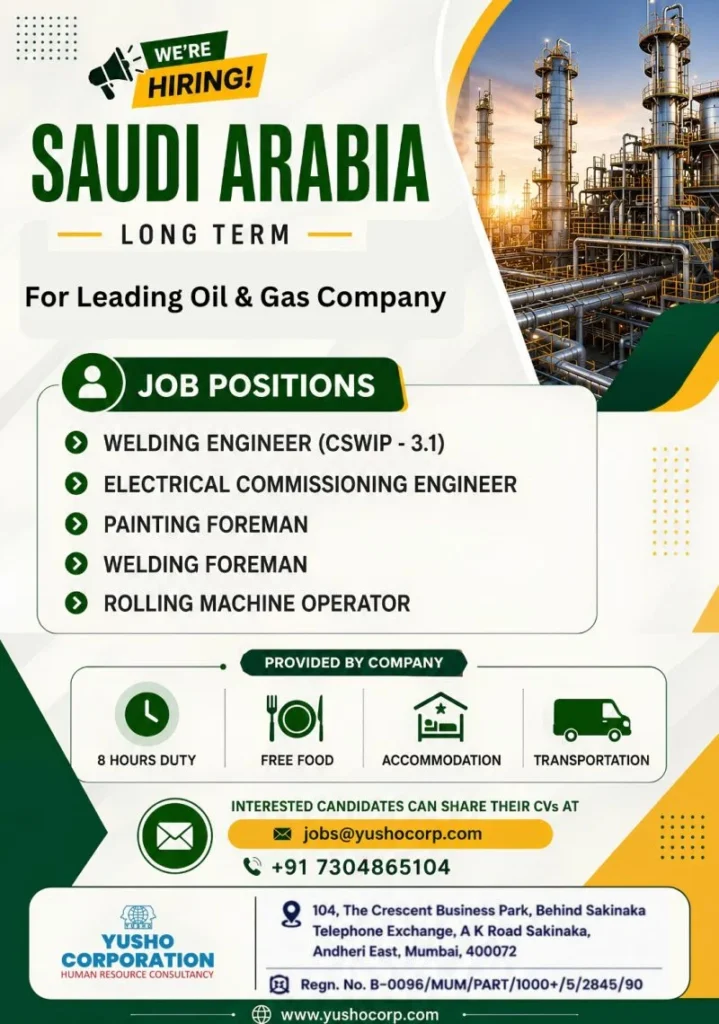 Saudi Arabia Oil & Gas Jobs 2026 – Long-Term Opportunities for Engineers, Foremen & Operators
