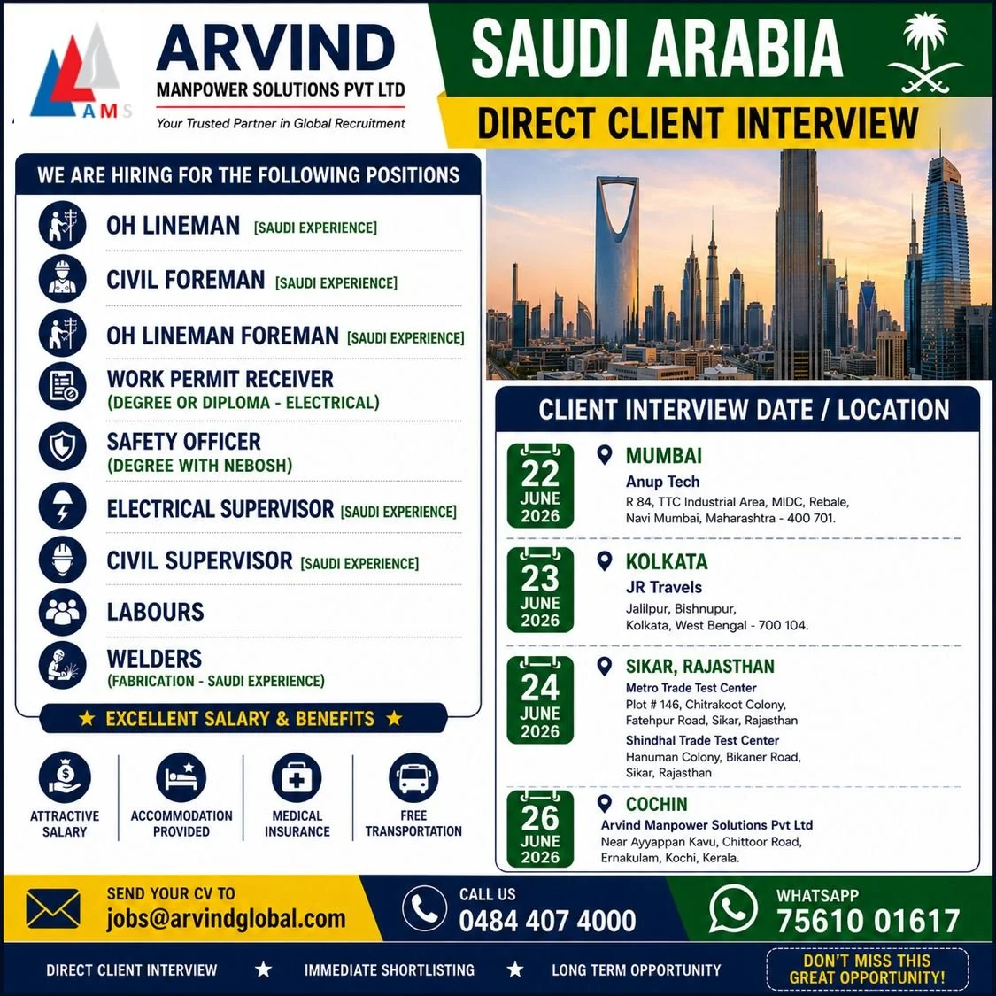 Saudi Arabia Direct Client Interview 2026 โ Multiple Vacancies for Skilled Professionals