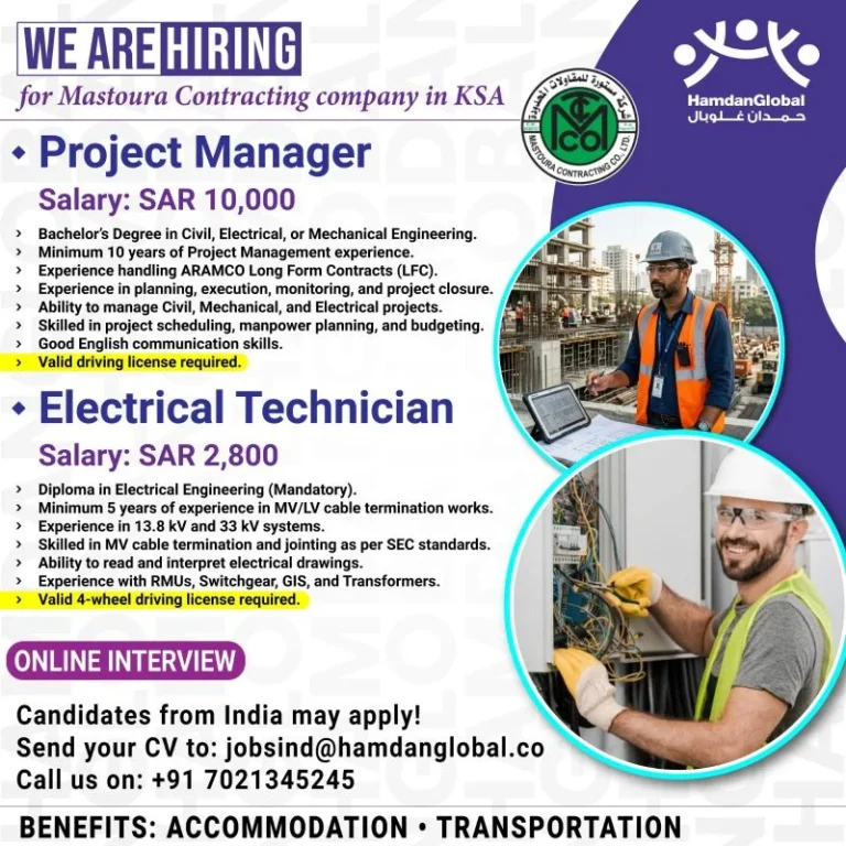 Mastoura Contracting Company Jobs in Saudi Arabia 2026 – Online Interview for Project Manager and Electrical Technician
