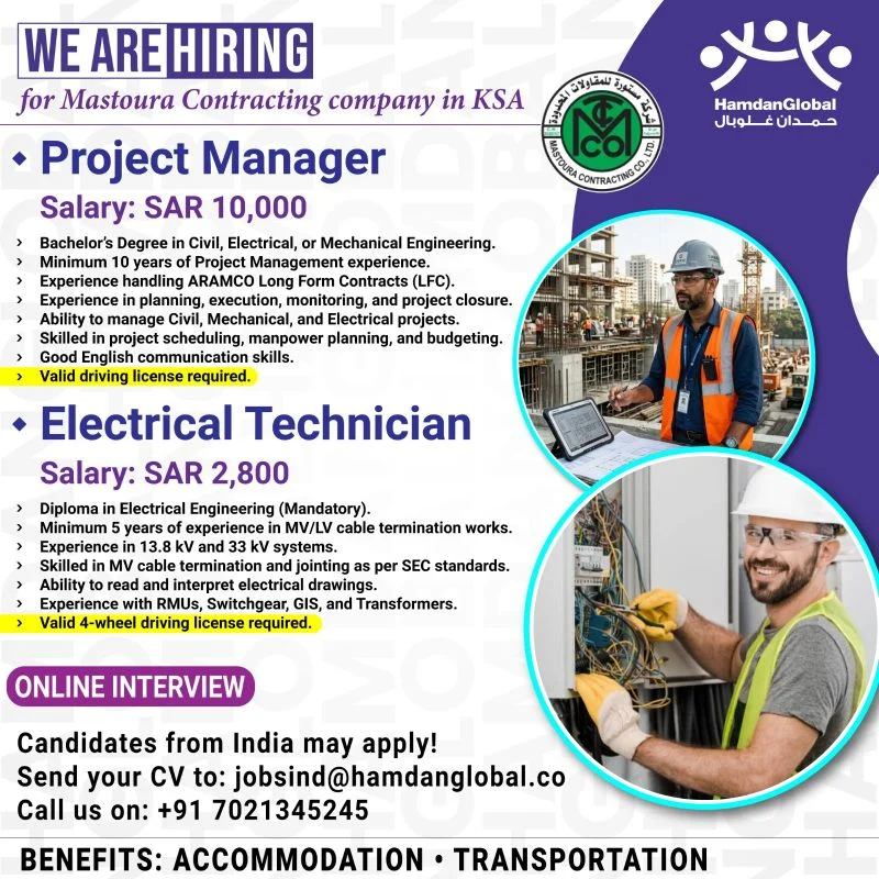 Mastoura Contracting Company Jobs in Saudi Arabia 2026 – Online Interview for Project Manager and Electrical Technician