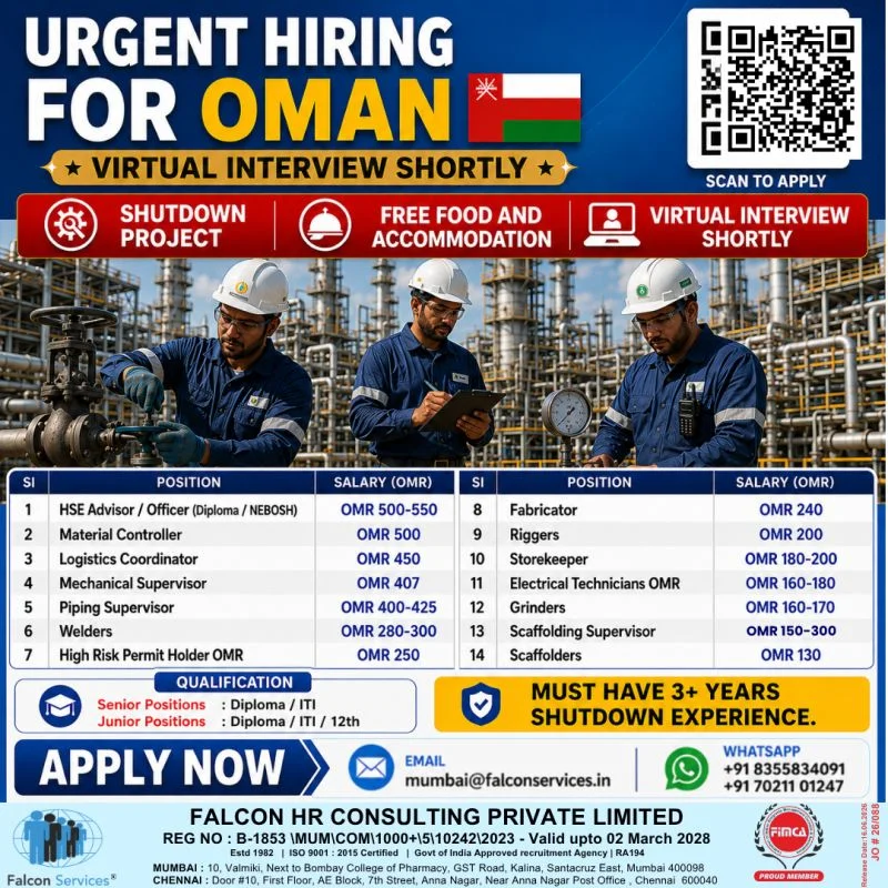 Urgent Hiring for Oman Shutdown Project – Virtual Interview Shortly | Free Food & Accommodation