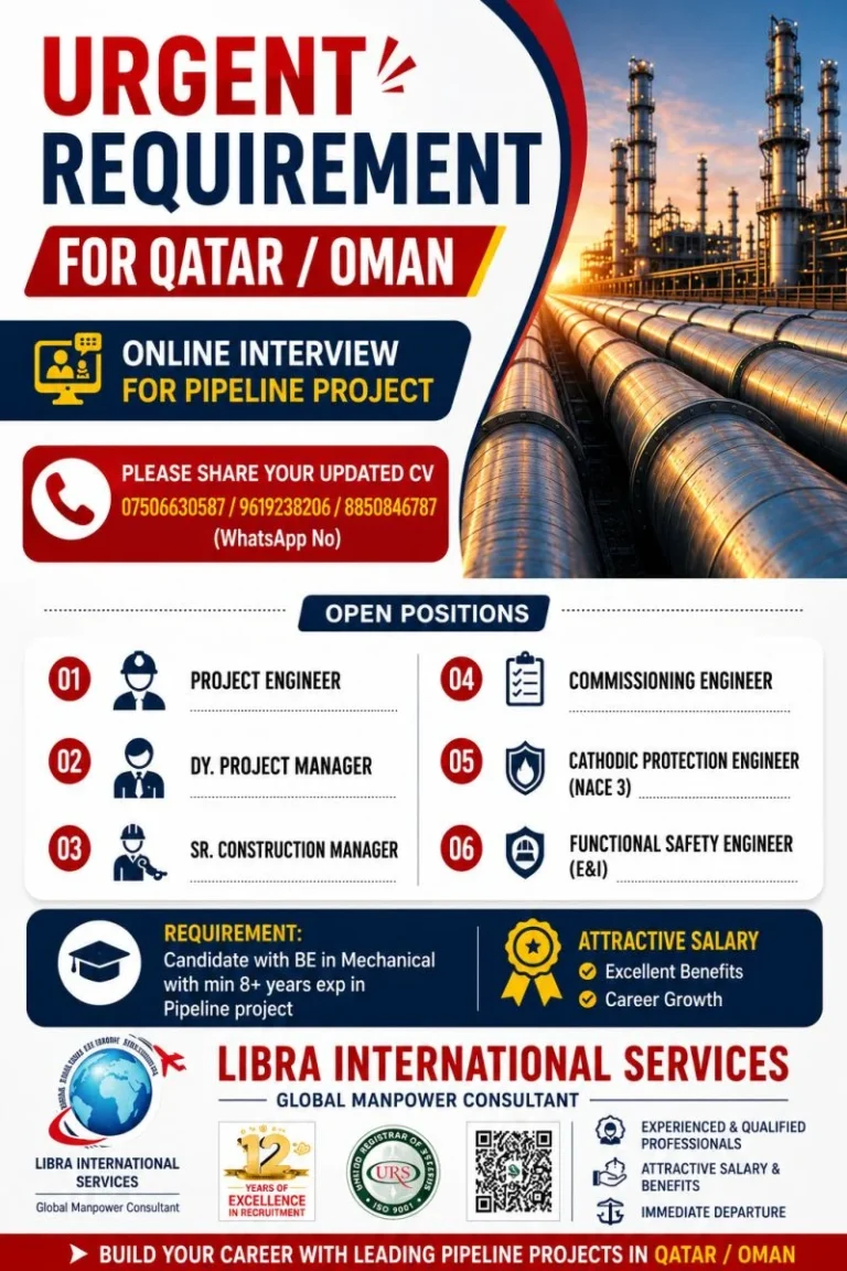 Urgent Recruitment for Qatar & Oman Pipeline Project – Online Interview | Apply Now