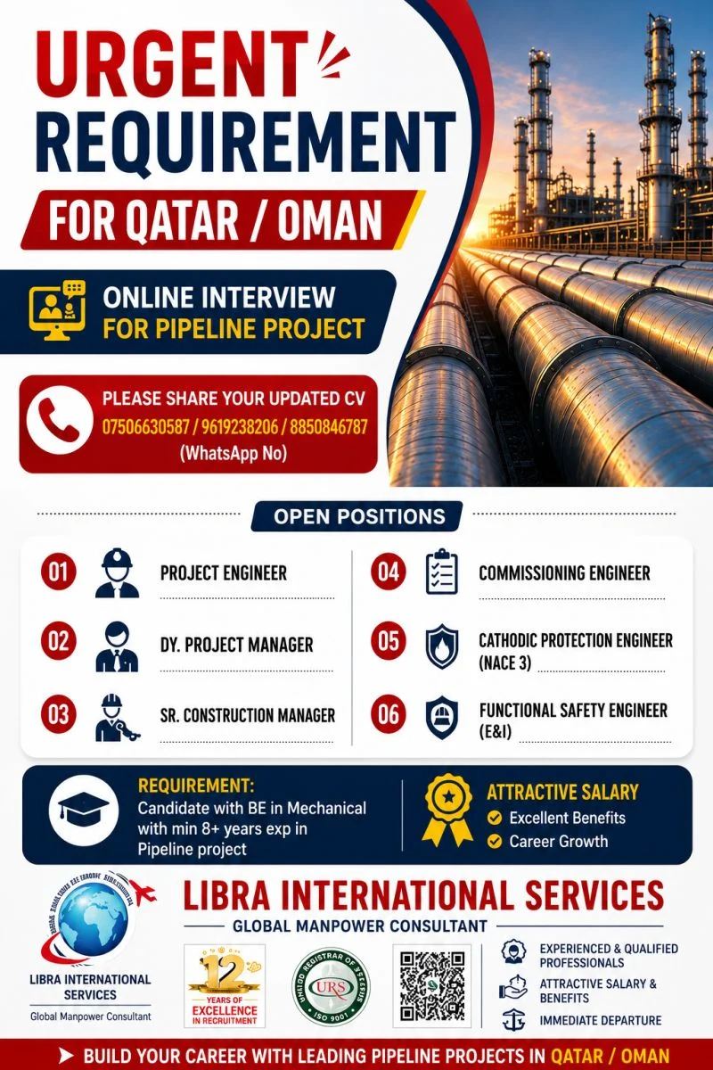 Urgent Recruitment for Qatar & Oman Pipeline Project – Online Interview | Apply Now