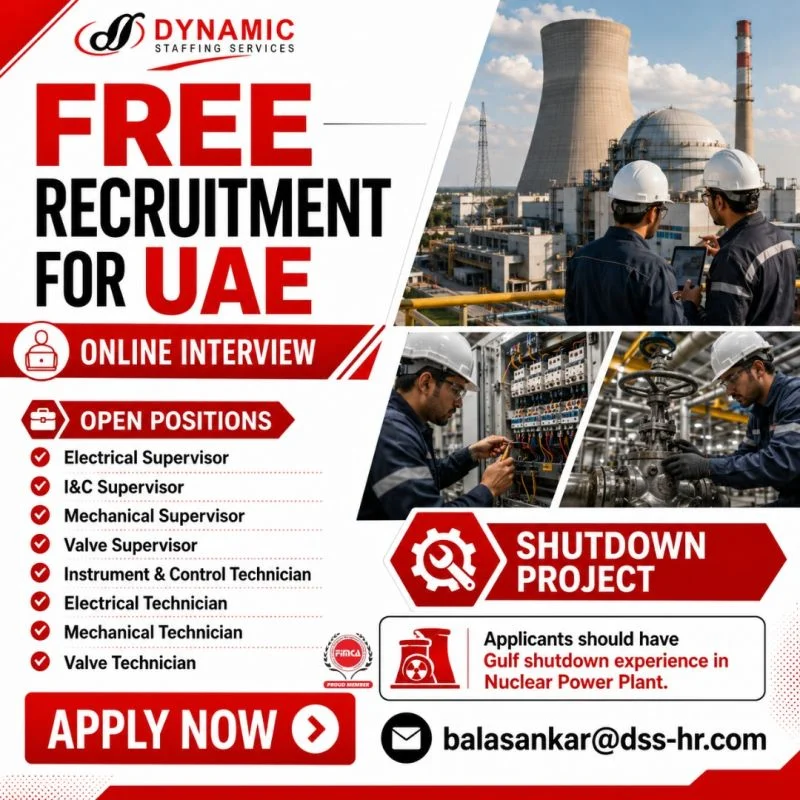 UAE Shutdown Project Jobs 2026 – Free Recruitment for Experienced Nuclear Power Plant Professionals