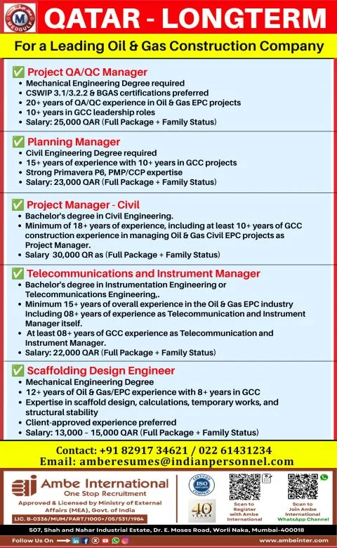 Qatar Long-Term Oil & Gas Construction Jobs 2026 – High Salary Engineering & Management Vacancies