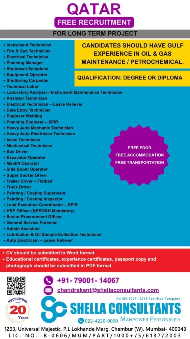 Qatar Free Recruitment 2026 – Long-Term Oil & Gas Project Jobs in Qatar