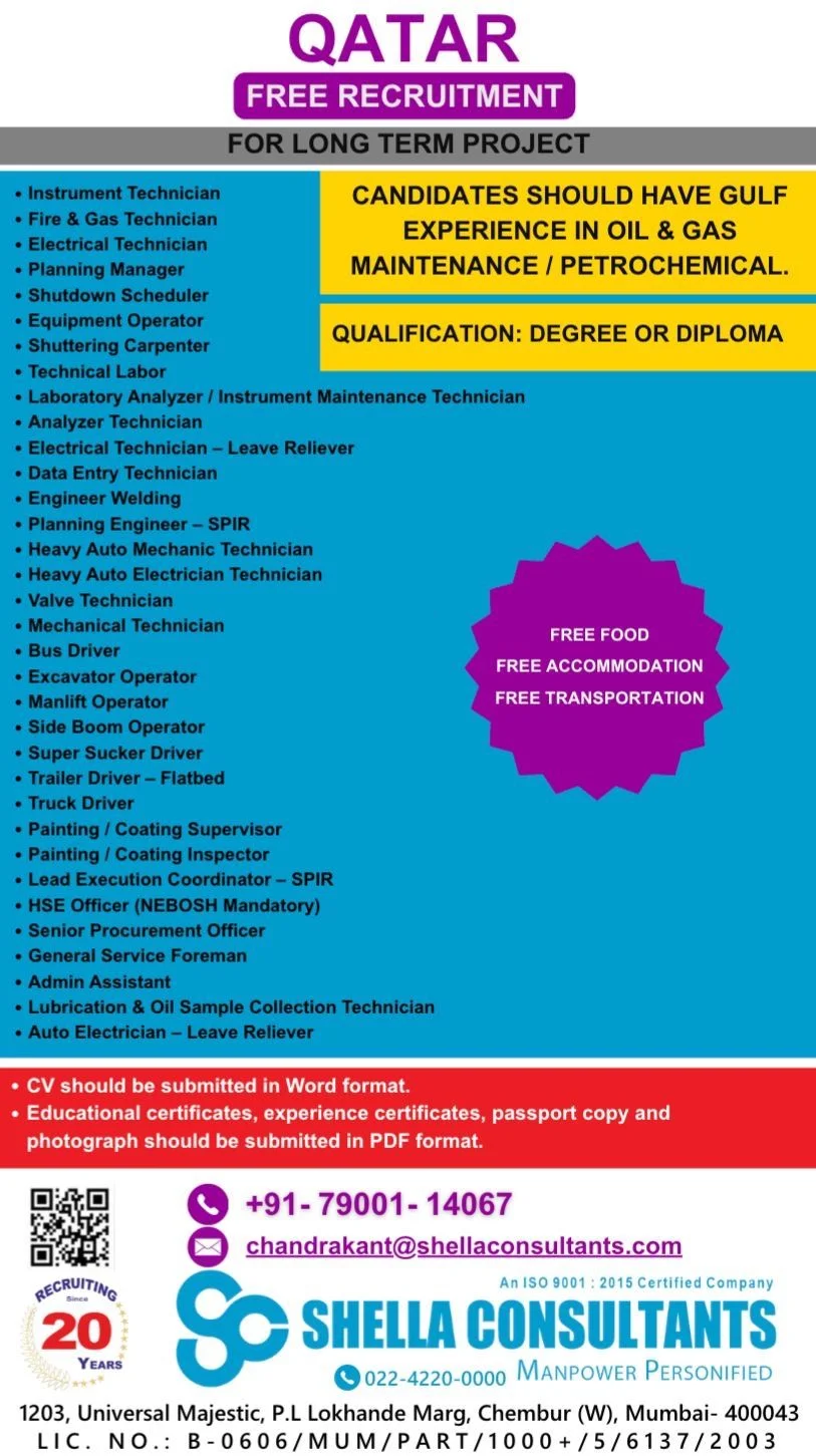 Qatar Free Recruitment 2026 – Long-Term Oil & Gas Project Jobs in Qatar