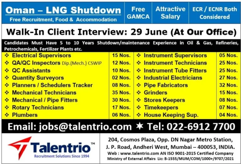 Oman LNG Shutdown Jobs 2026 – Free Recruitment | Walk-In Client Interview on 29 June