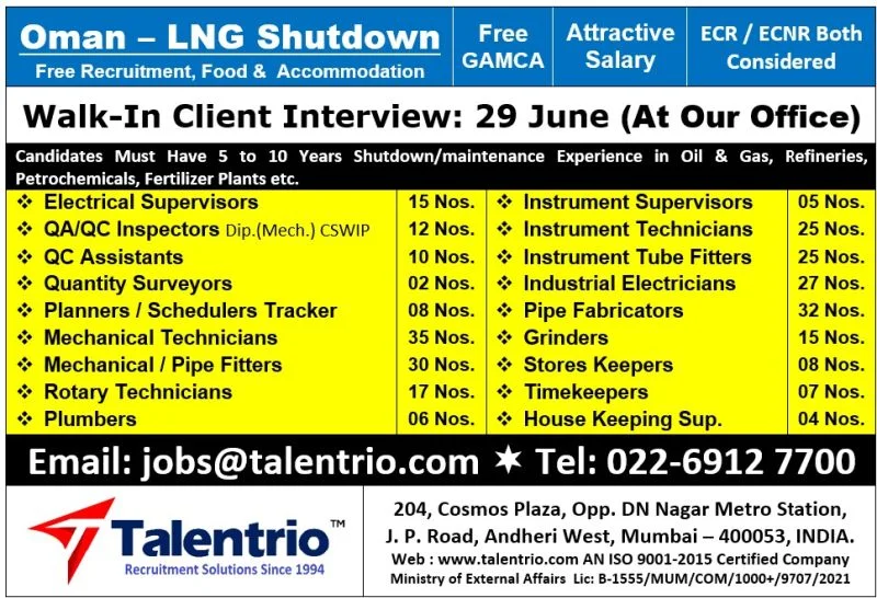 Oman LNG Shutdown Jobs 2026 – Free Recruitment | Walk-In Client Interview on 29 June
