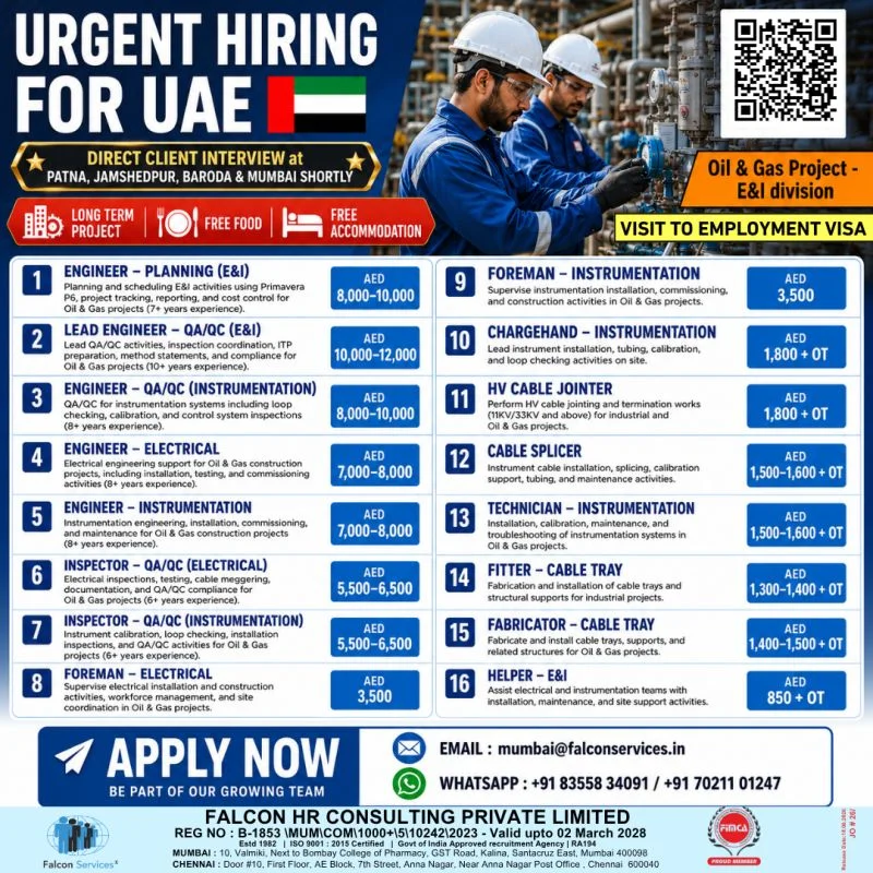 UAE Oil & Gas E&I Project Jobs 2026 – Direct Client Interview | Free Food & Accommodation