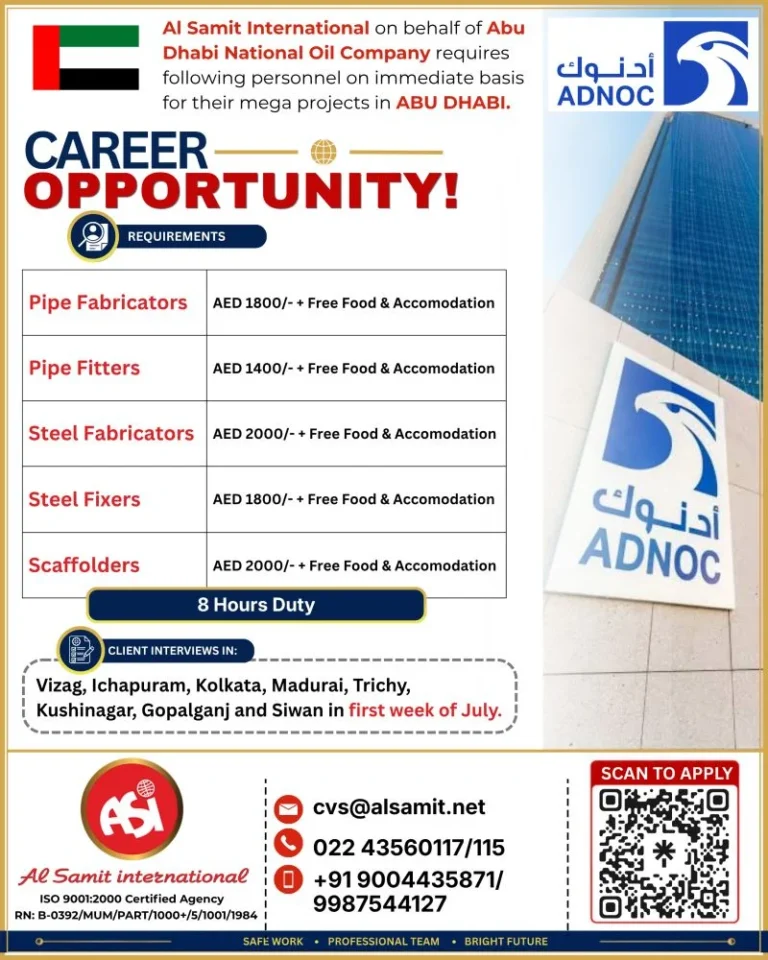 ADNOC Abu Dhabi Recruitment 2026 – Pipe Fabricators, Pipe Fitters, Steel Fabricators, Steel Fixers & Scaffolders Required