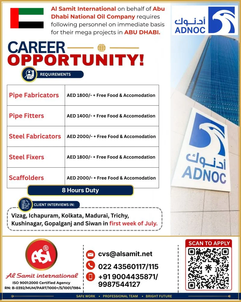 ADNOC Abu Dhabi Recruitment 2026 – Pipe Fabricators, Pipe Fitters, Steel Fabricators, Steel Fixers & Scaffolders Required