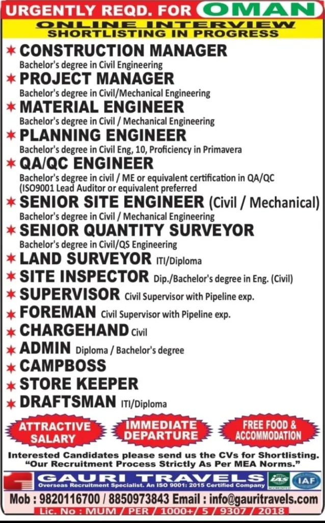 Oman Construction & Engineering Jobs 2026 – Immediate Hiring for Multiple Positions