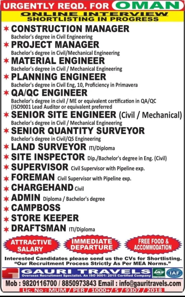 Oman Construction & Engineering Jobs 2026 – Immediate Hiring for Multiple Positions