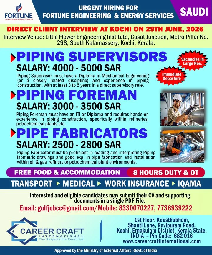 Saudi Arabia Jobs 2026 – Fortune Engineering & Energy Services Hiring Piping Supervisors, Piping Foreman & Pipe Fabricators