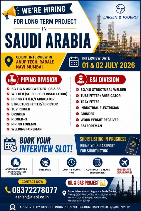 Larsen & Toubro Saudi Arabia Recruitment 2026 – Client Interview on 01 & 02 July 2026