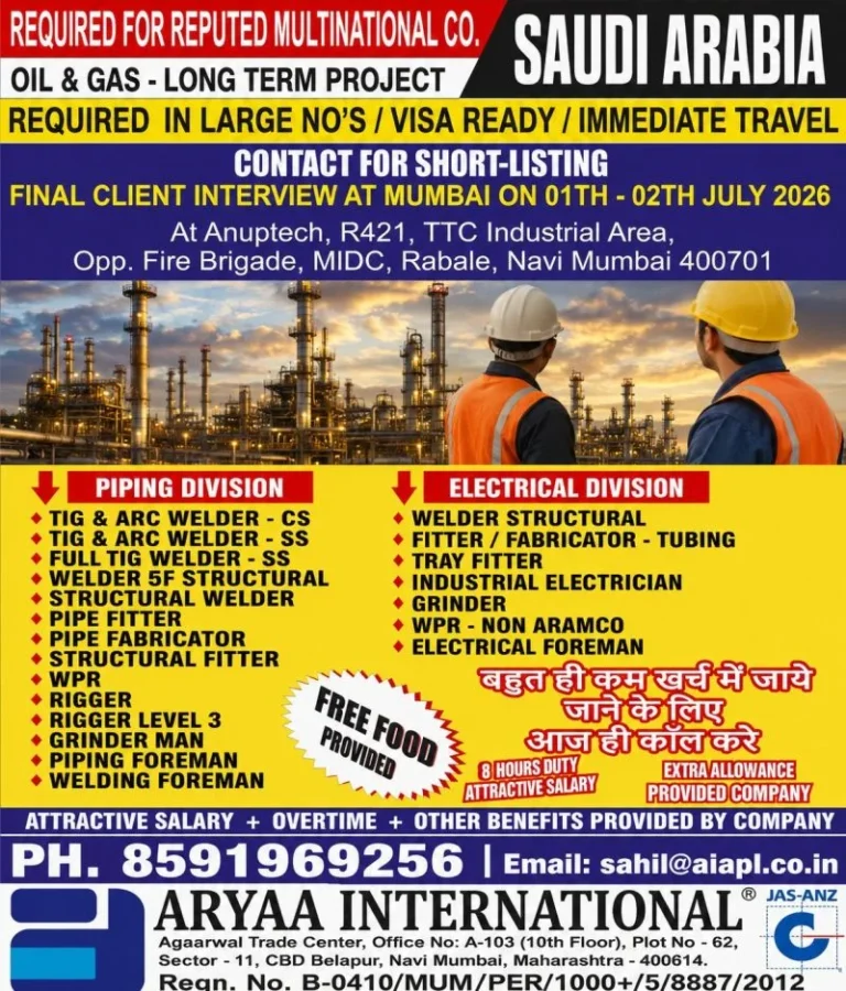 Saudi Arabia Oil & Gas Long-Term Project Recruitment 2026 – Immediate Hiring for Multiple Trades