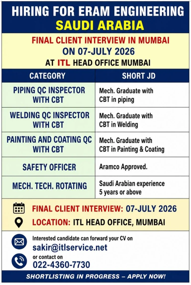 ERAM Engineering Saudi Arabia Recruitment 2026 – Final Client Interview in Mumbai