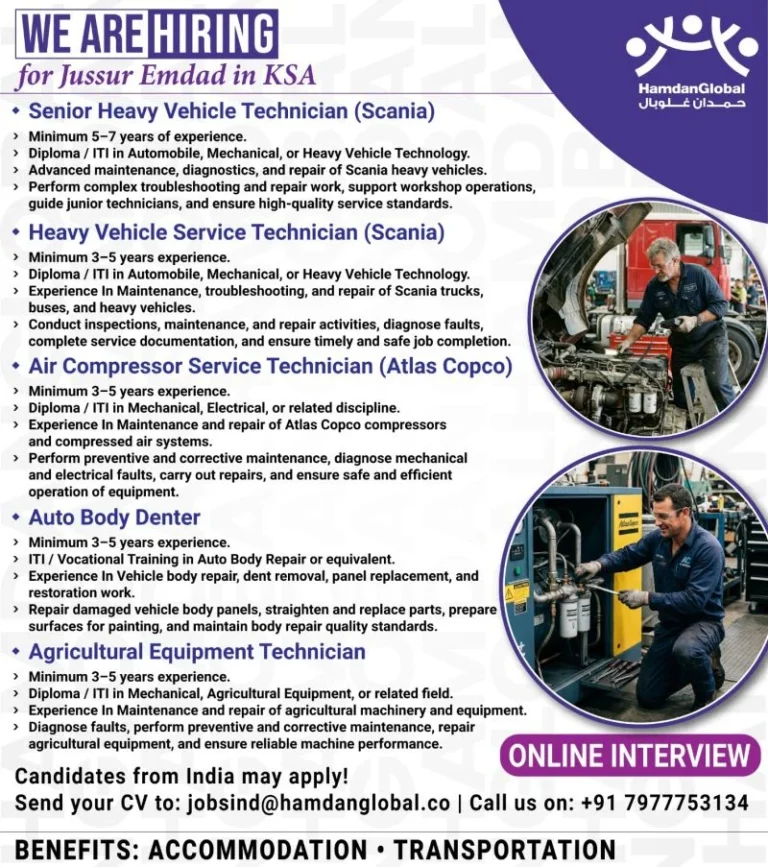 Jussur Emdad KSA Recruitment 2026 – Heavy Vehicle & Equipment Technician Jobs in Saudi Arabia
