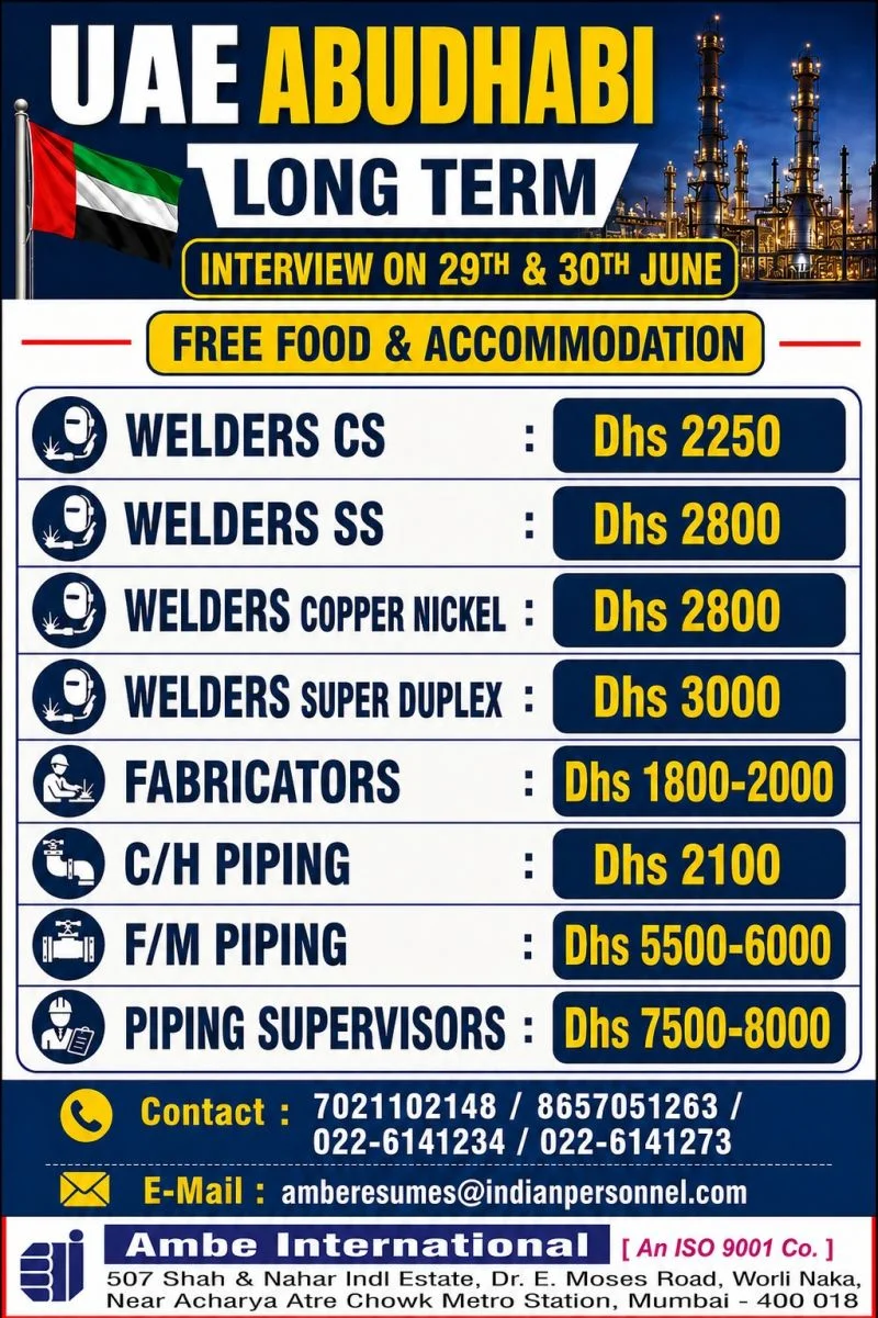 UAE Abu Dhabi Long-Term Job Vacancies 2026 – Welders, Fabricators & Piping Professionals Required