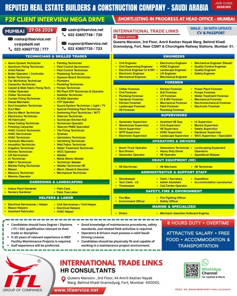 Saudi Arabia Construction & MEP Maintenance Jobs 2026 – F2F Client Interview in Mumbai