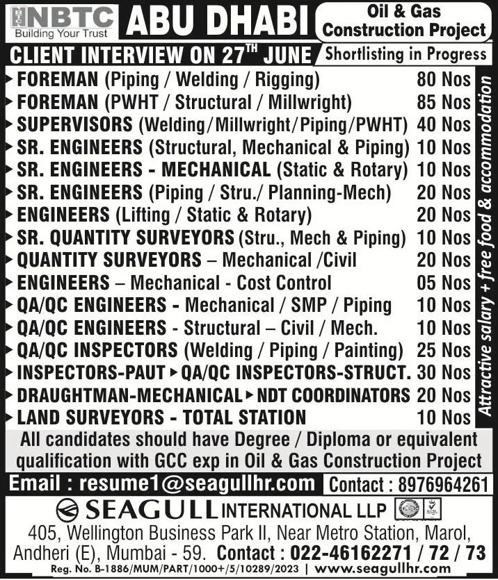 NBTC Abu Dhabi Oil & Gas Construction Project Jobs 2026 – Client Interview on 27 June