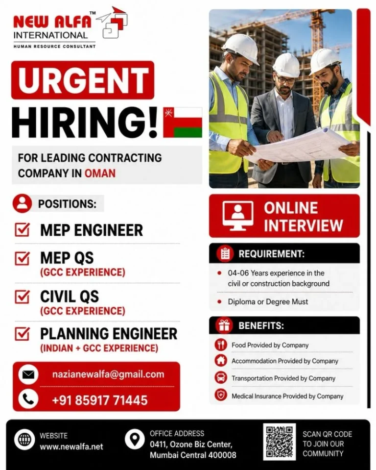Urgent Hiring for Leading Contracting Company in Oman – Online Interview | MEP Engineer, MEP QS, Civil QS & Planning Engineer Jobs