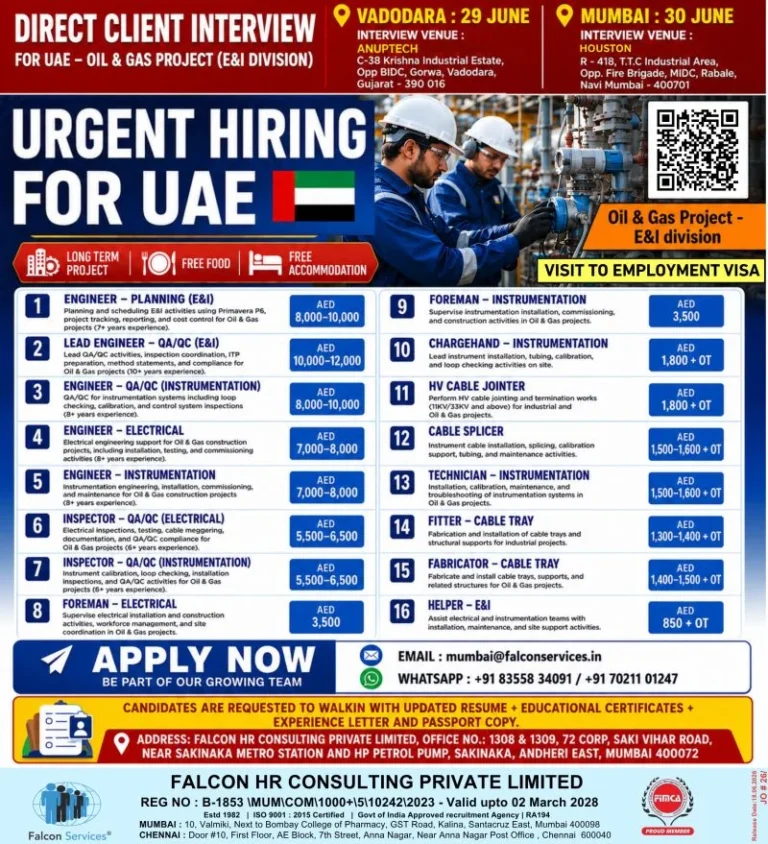 Urgent Hiring for UAE Oil & Gas Project (E&I Division) – Direct Client Interview in India