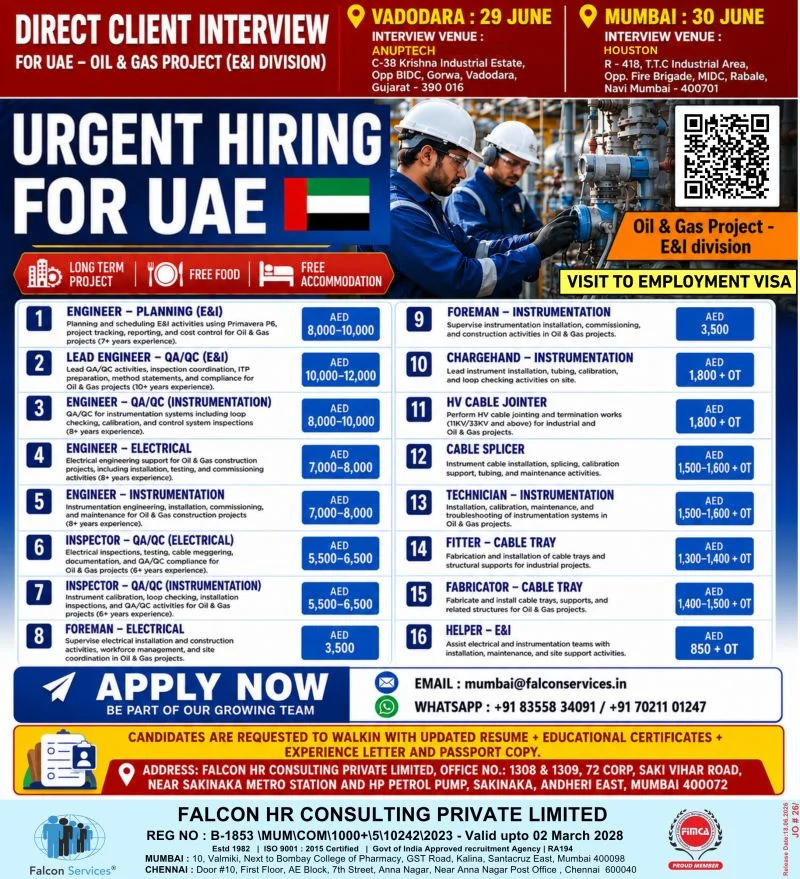 Urgent Hiring for UAE Oil & Gas Project (E&I Division) – Direct Client Interview in India