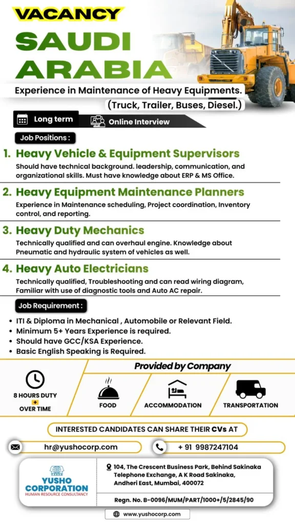 Heavy Equipment Maintenance Jobs in Saudi Arabia 2026 | Online Interview | Free Food & Accommodation 1 Heavy Equipment Maintenance Jobs in Saudi Arabia 2026 | Online Interview | Free Food & Accommodation