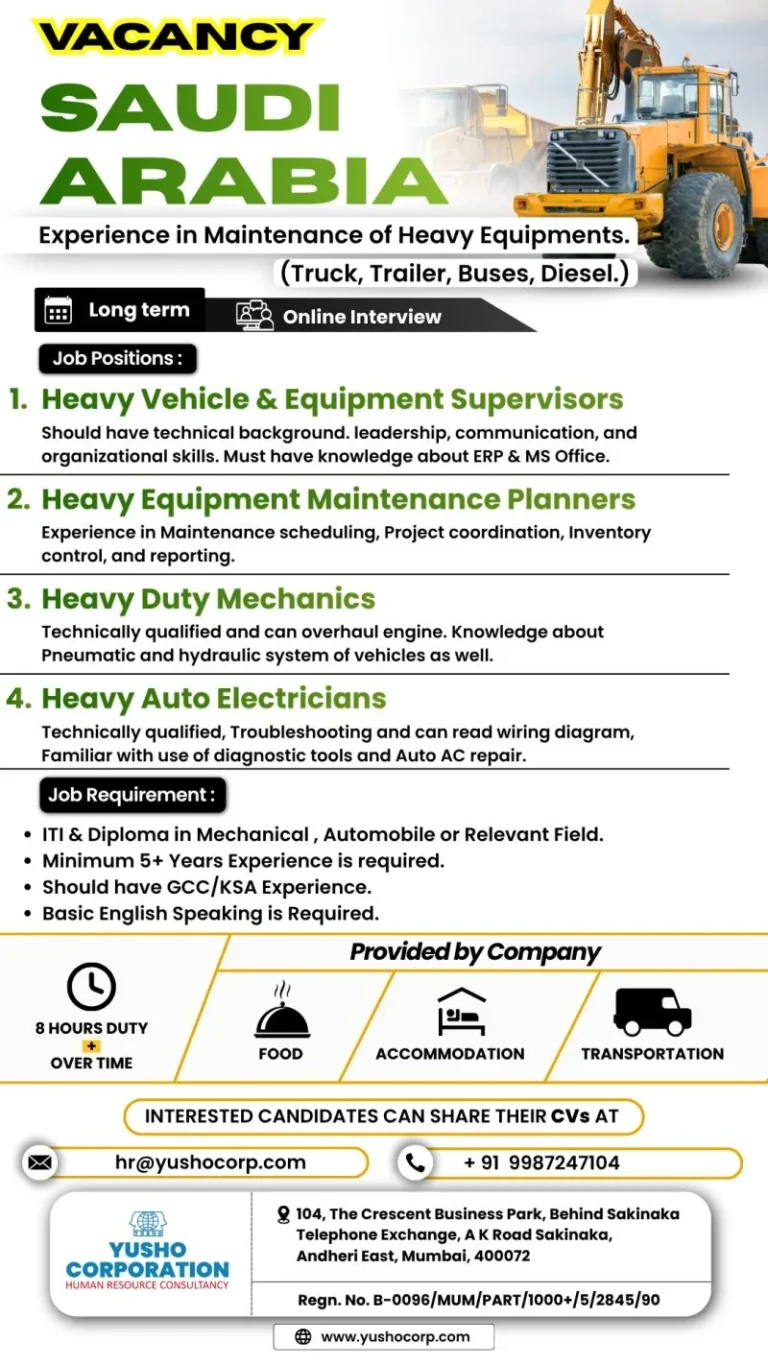 Heavy Equipment Maintenance Jobs in Saudi Arabia 2026 | Online Interview | Free Food & Accommodation