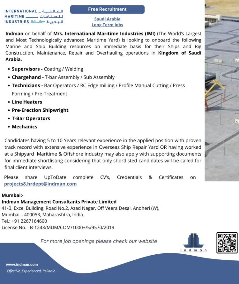 International Maritime Industries (IMI) Saudi Arabia Long-Term Jobs 2026 | Free Recruitment