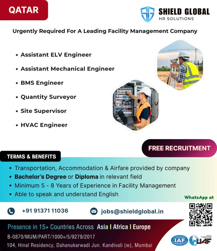 Qatar Facility Management Jobs 2026 – Free Recruitment for Engineers & Supervisors 1 Qatar Facility Management Jobs 2026 – Free Recruitment for Engineers & Supervisors