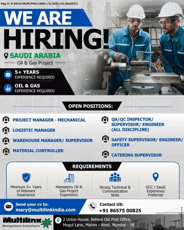 Saudi Arabia Oil & Gas Project Jobs 2026 – Apply for Multiple Engineering & Management Vacancies