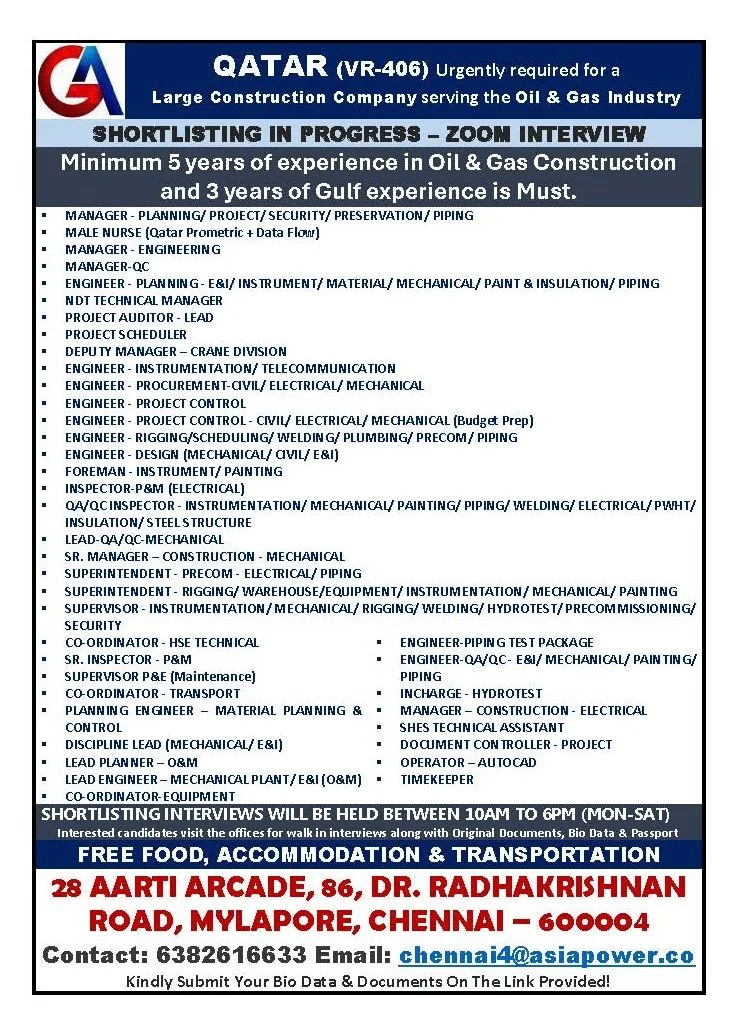 Qatar Oil & Gas Construction Jobs 2026 – Large Construction Company | Zoom Interview