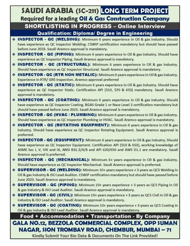 Saudi Arabia Oil & Gas QC Inspector & Supervisor Jobs 2026 – Long-Term Project