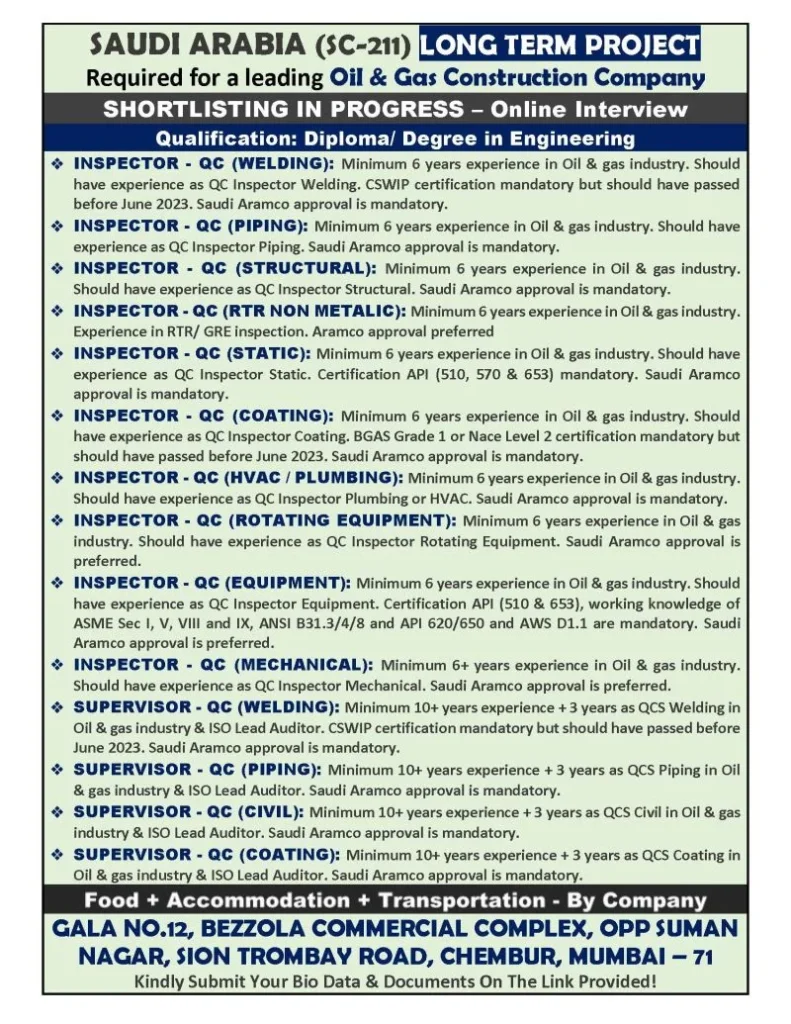 Saudi Arabia Oil & Gas QC Inspector & Supervisor Jobs 2026 – Long-Term Project