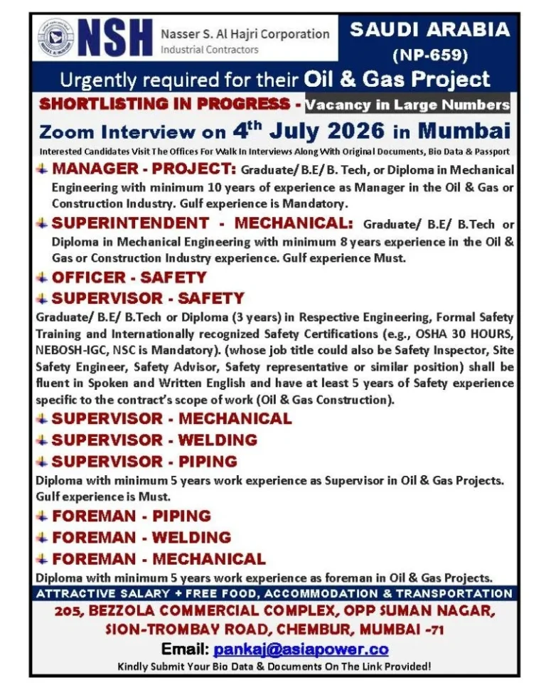 NSH Saudi Arabia Oil & Gas Jobs 2026 – Zoom Interview on 4th July in Mumbai