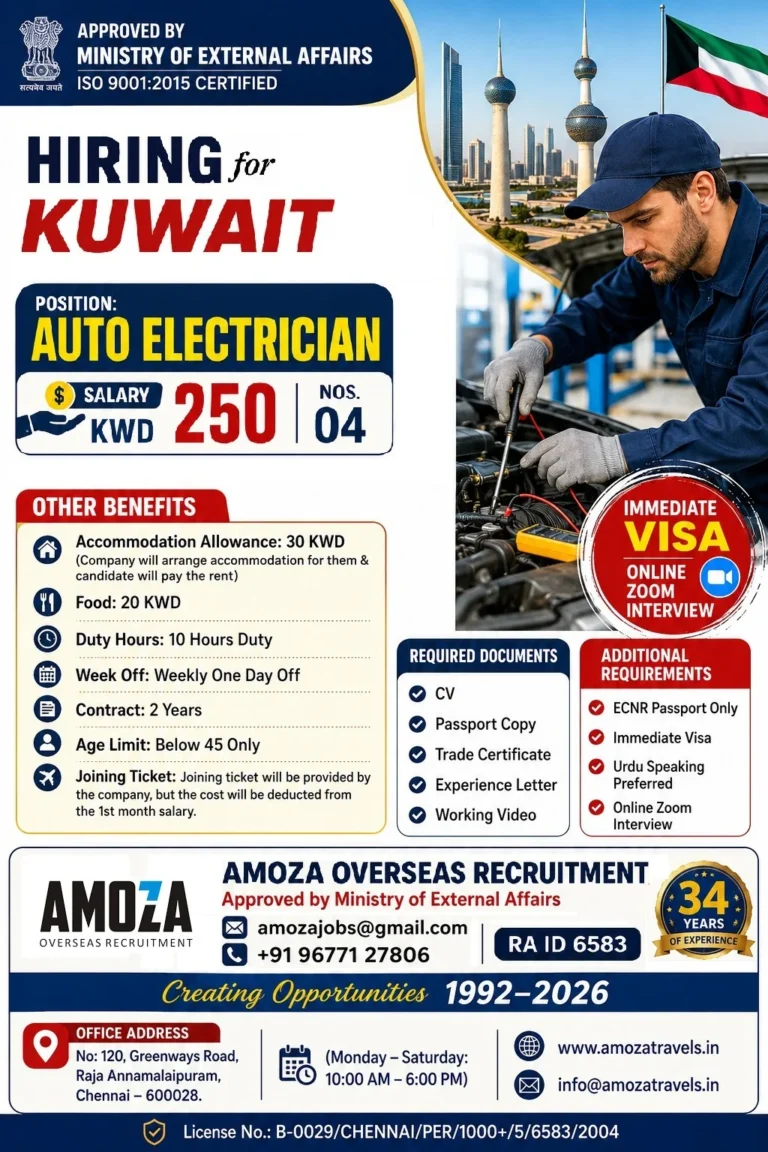 Auto Electrician Jobs in Kuwait 2026 – Immediate Visa | Online Zoom Interview