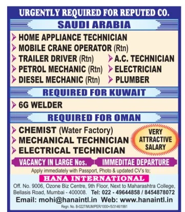 Saudi Arabia, Kuwait & Oman Job Vacancies 2026 – Multiple Technical Positions Available