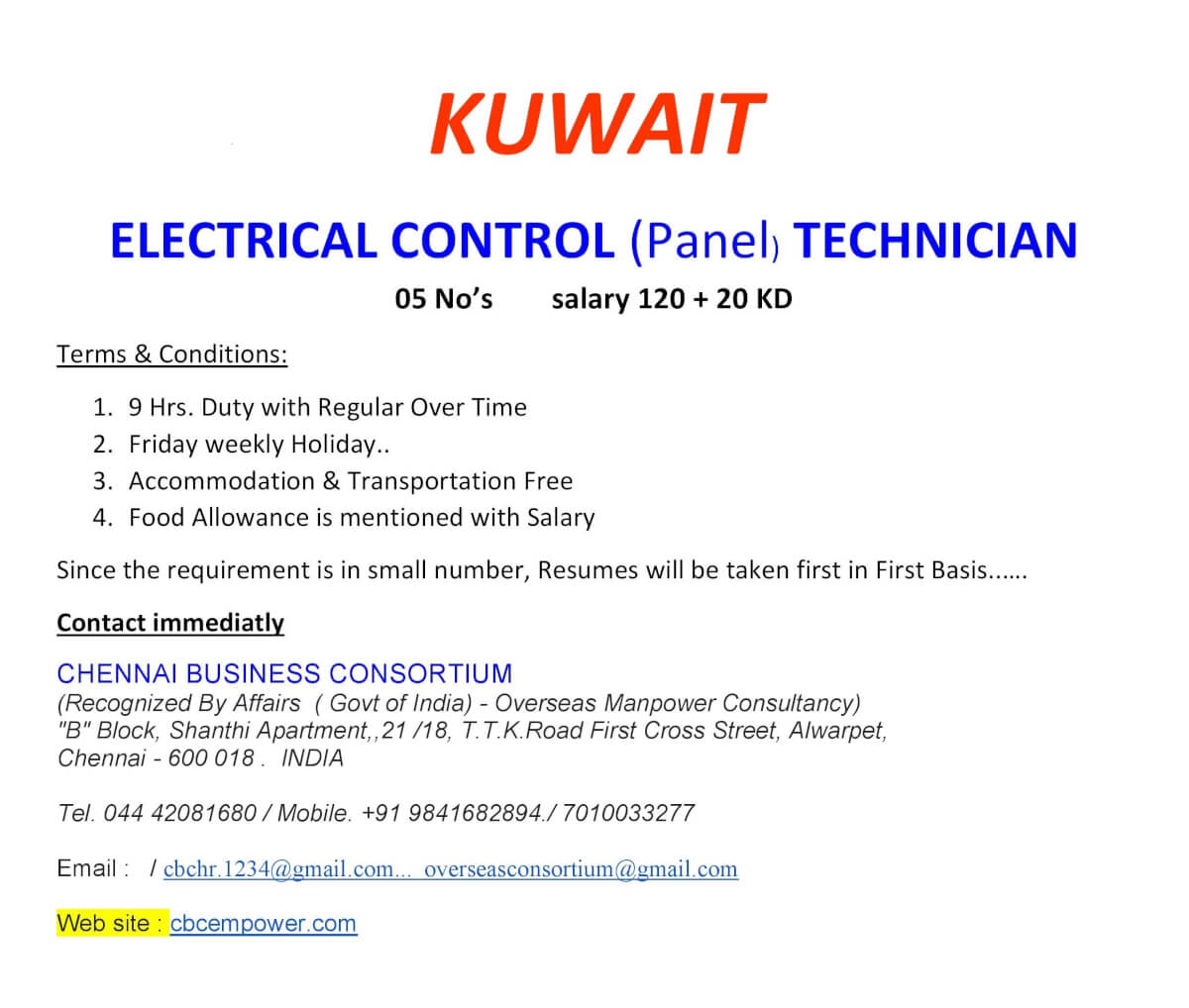 Kuwait Electrical Control (Panel) Technician Recruitment 2026