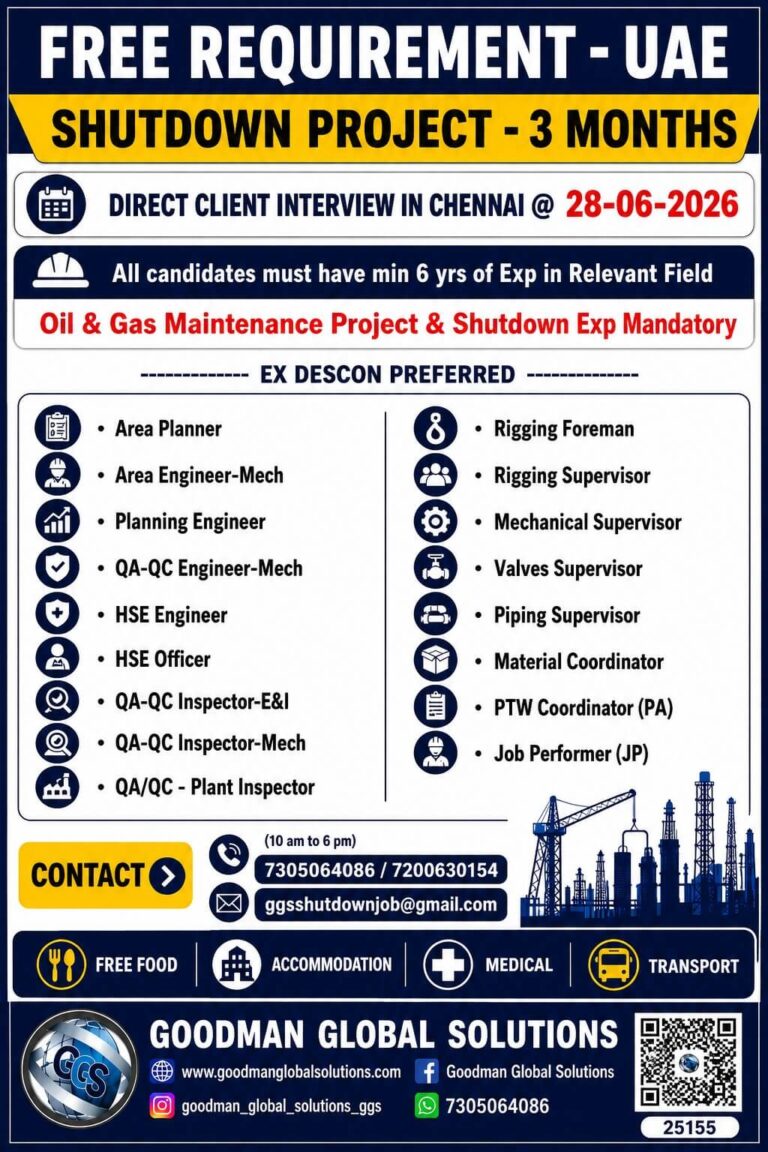UAE Shutdown Project Jobs 2026 – Free Recruitment | Direct Client Interview in Chennai on 28 June 2026