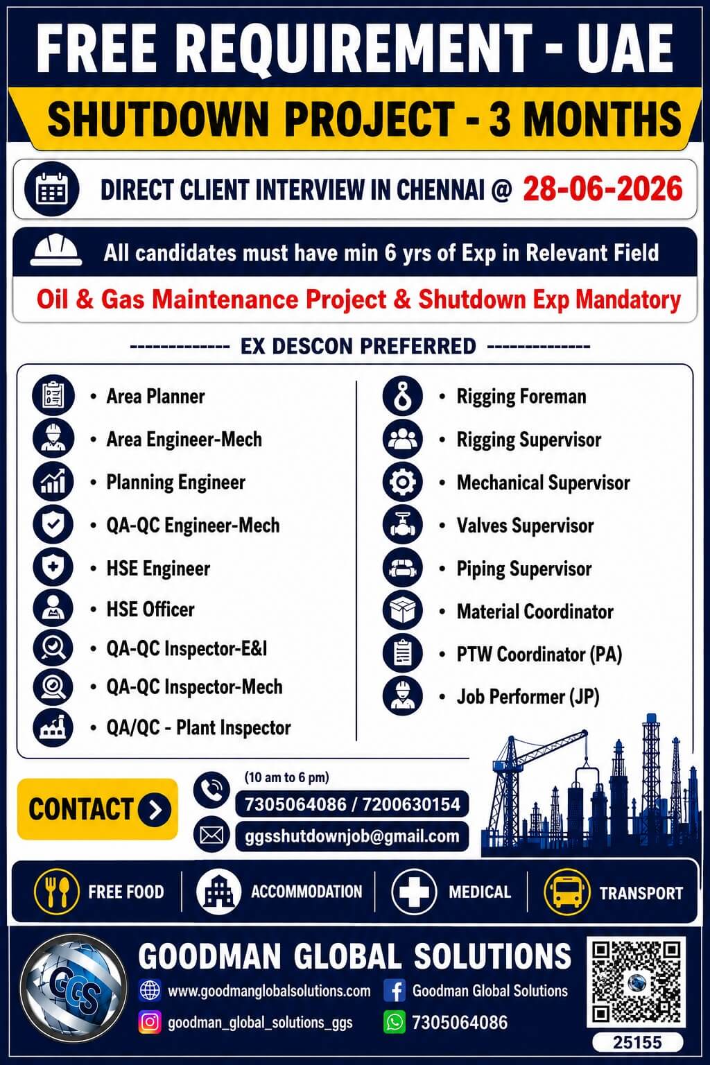 UAE Shutdown Project Jobs 2026 – Free Recruitment | Direct Client Interview in Chennai on 28 June 2026