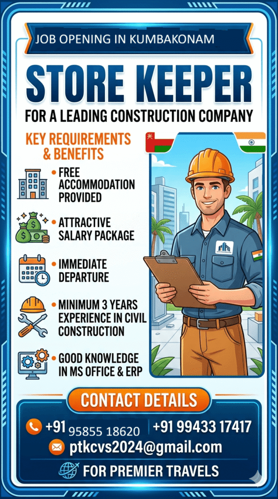 Store Keeper Jobs in Kumbakonam for Leading Construction Company – Apply Now